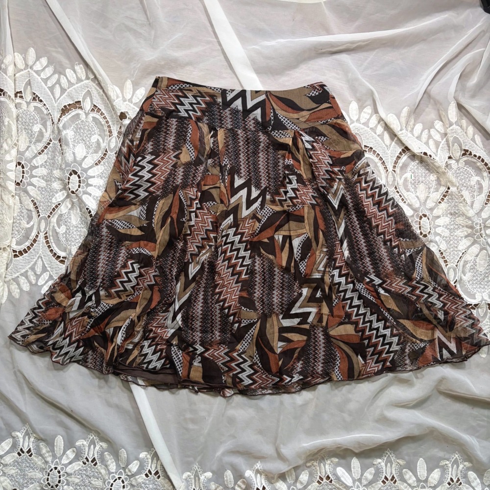 Y2K Fall Whimsical Tuscan Mom Brown Geometric Abstract A-Line Skirt Size 4